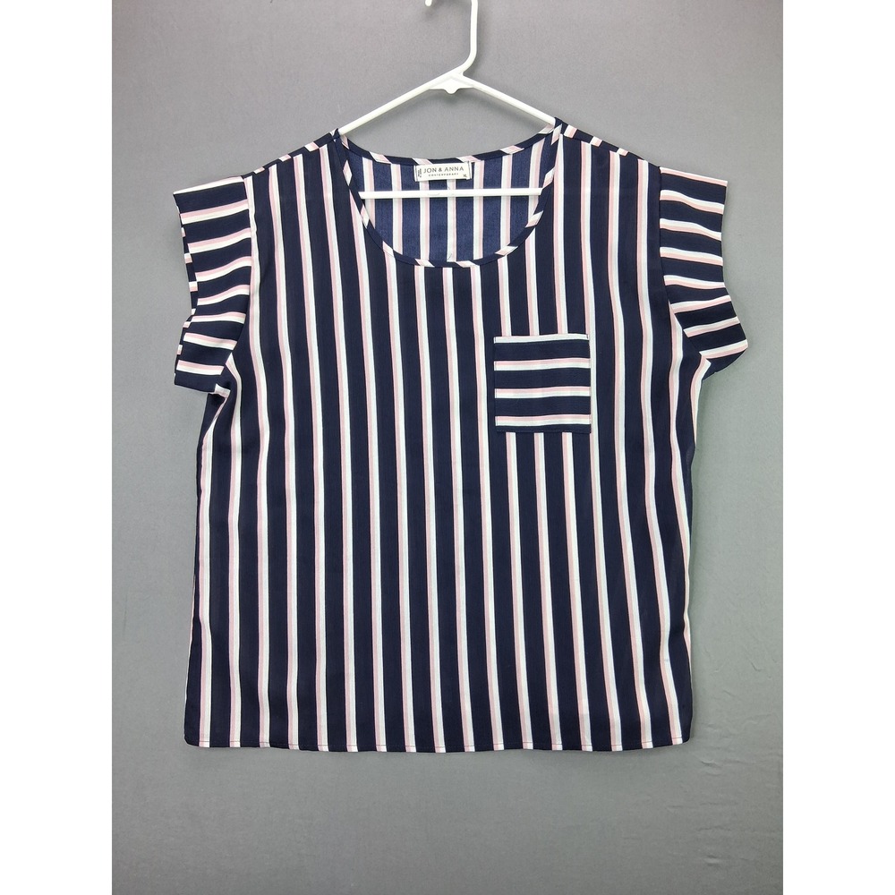 Jon & Anna Striped Blouse XL Navy Pink Cap Sleeve Button Back Pocket Top